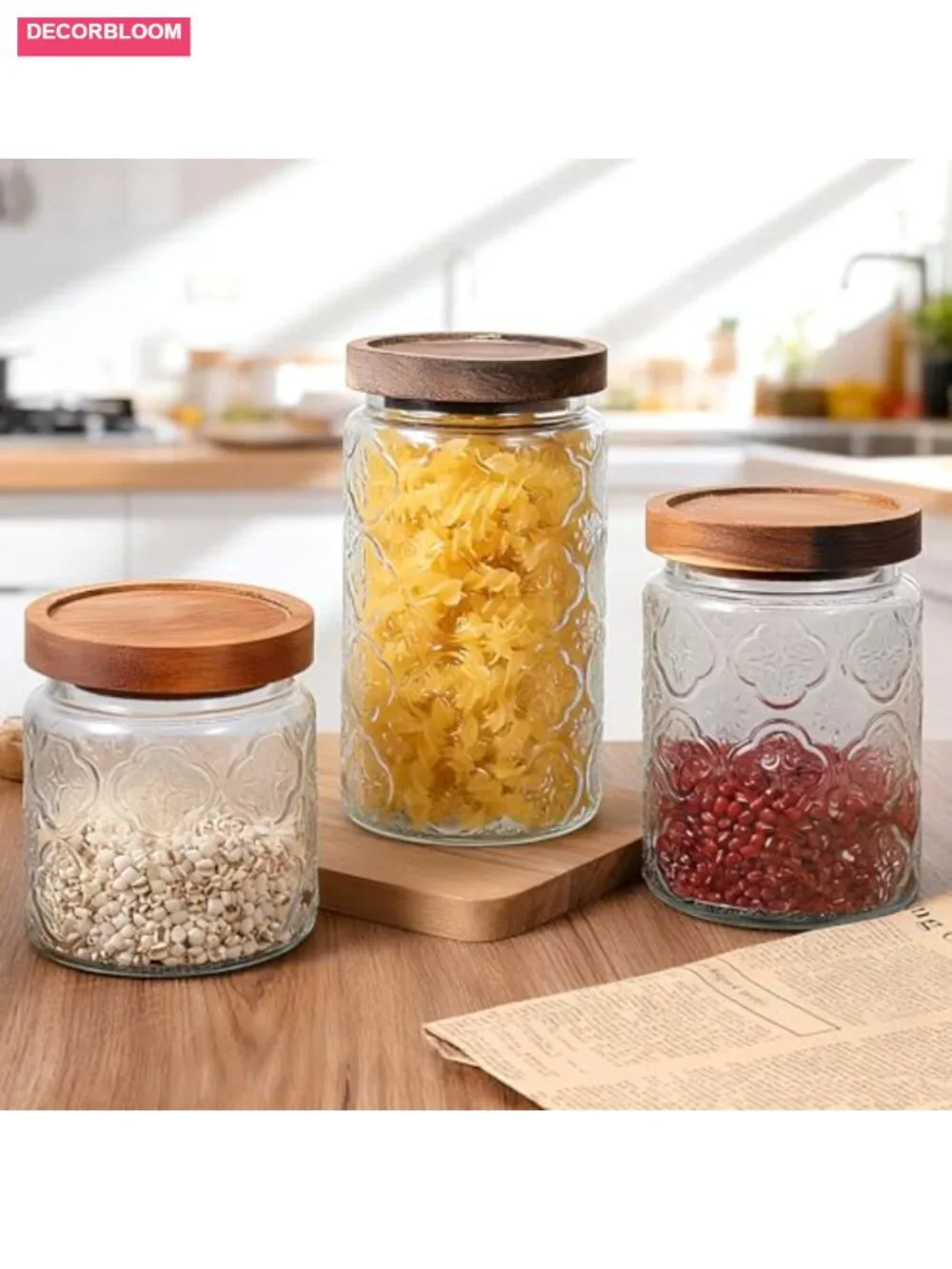 Vintage Glass Food Storage Jars 3-Pack Airtight Wood Lids Kitchen Canisters